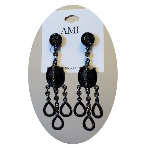 NEW AMI Black Onyx Long Drop Gray Crystal Dangle Earrings Women Jewelry Gifts - Picture 3 of 7